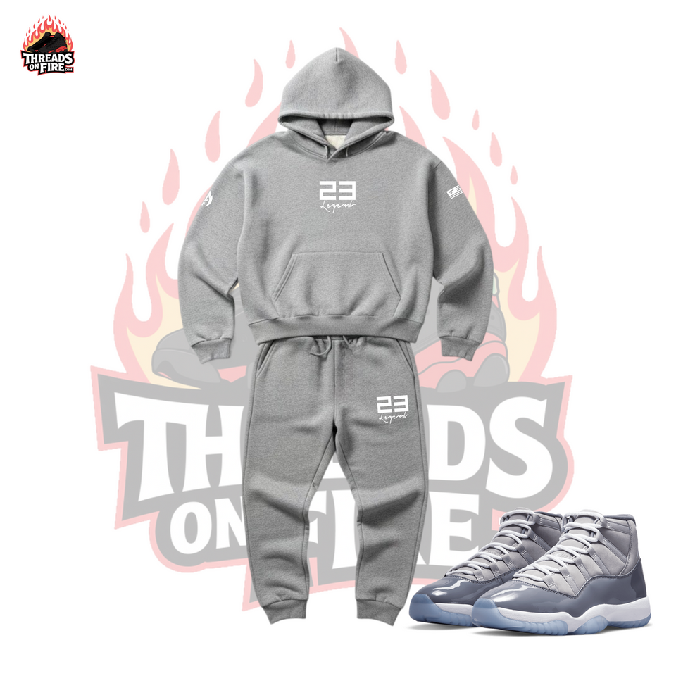 Grey 23 Legend Graphic Air Jordan 11 Cool Grey Inspired Sneaker Sweatsuit for Men Matching Hoodie and Joggers Set