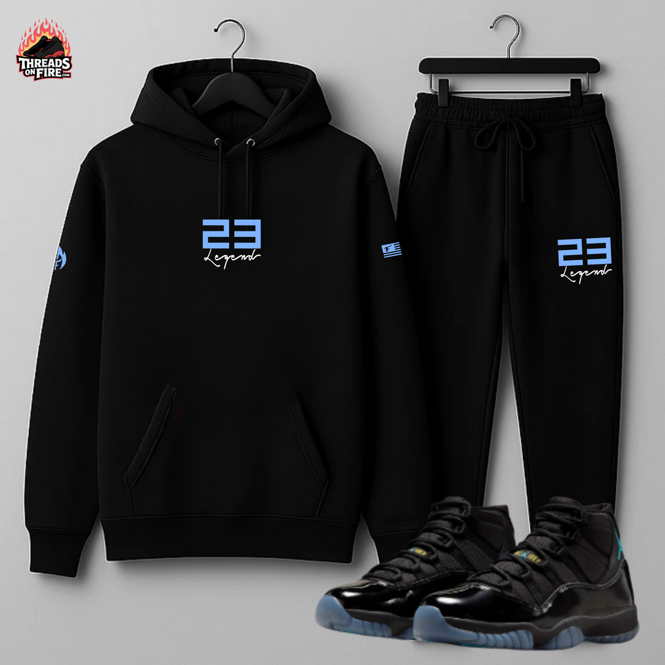 23 Legend Black Sky Blue Hoodie & Joggers Sweatsuit – Matches Air Jordan 11 Gamma