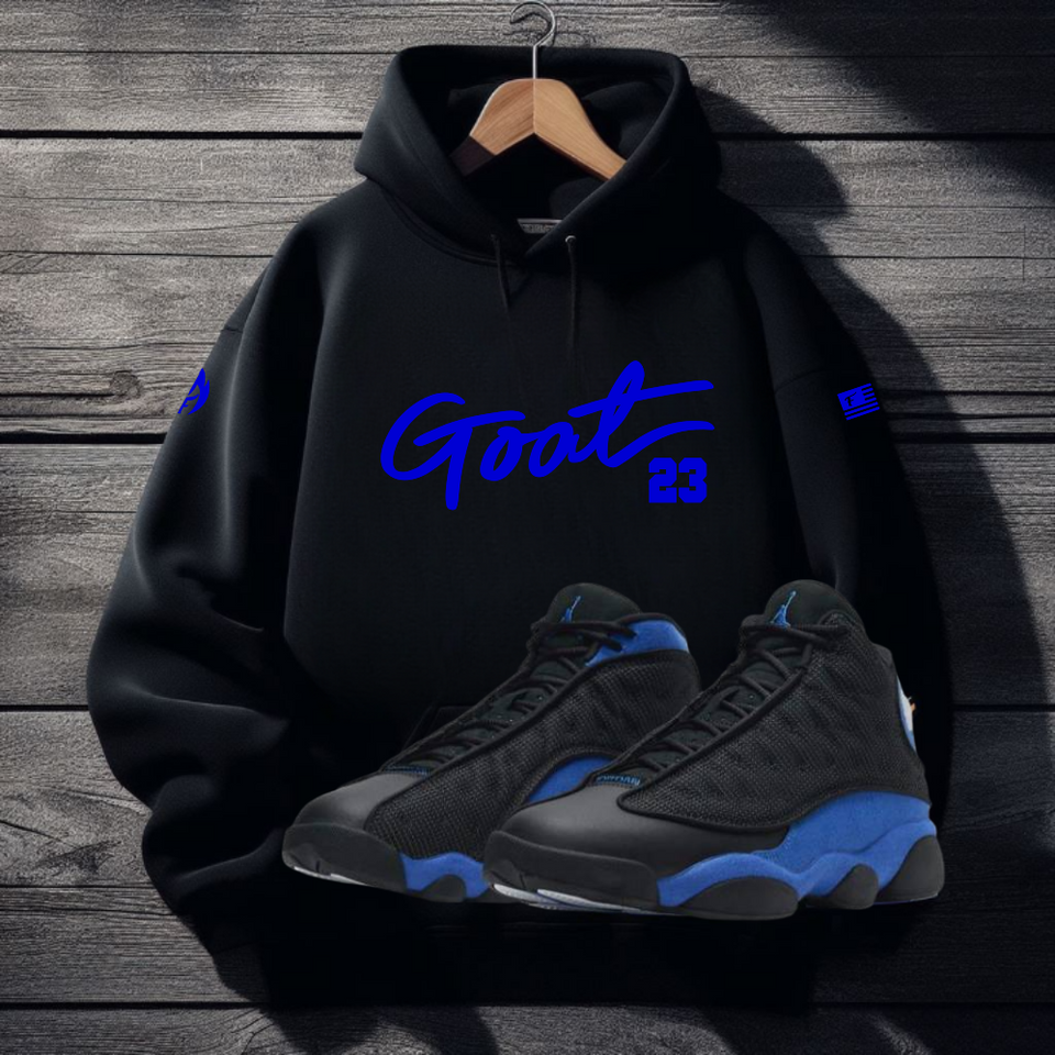 Men's GOAT 23 Black Graphic Hoodie Match Air Jordan 13 Retro Hyper Royal Blue Sneaker Sweatshirt60