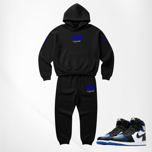 Men's Black Blue Sweatsuit Hoodie Joggers Set To Match Air Jordan 1 Royal Toe